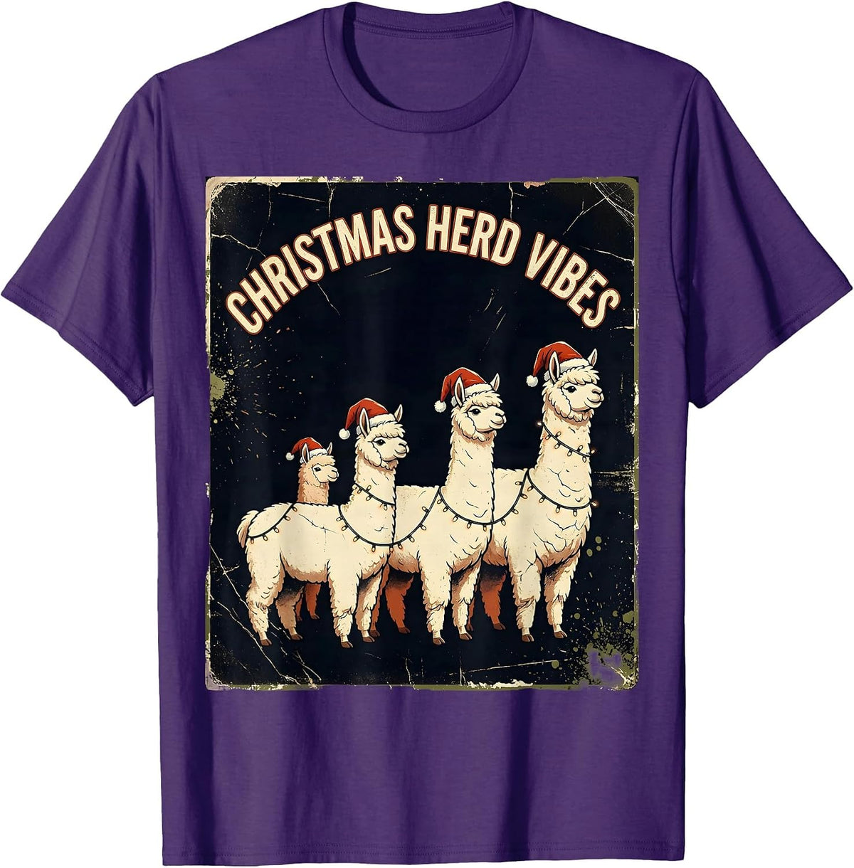 Men's Christmas Herd Vibes Distressed Funny Llama Lover Christmas T-Shirt - Purple