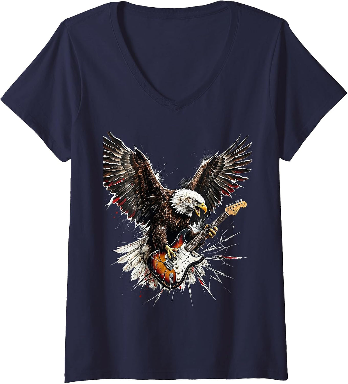 Women's Vintage Rock Eagle Electric Guitar Graphic V-Neck T-Shirt - Navy Blue