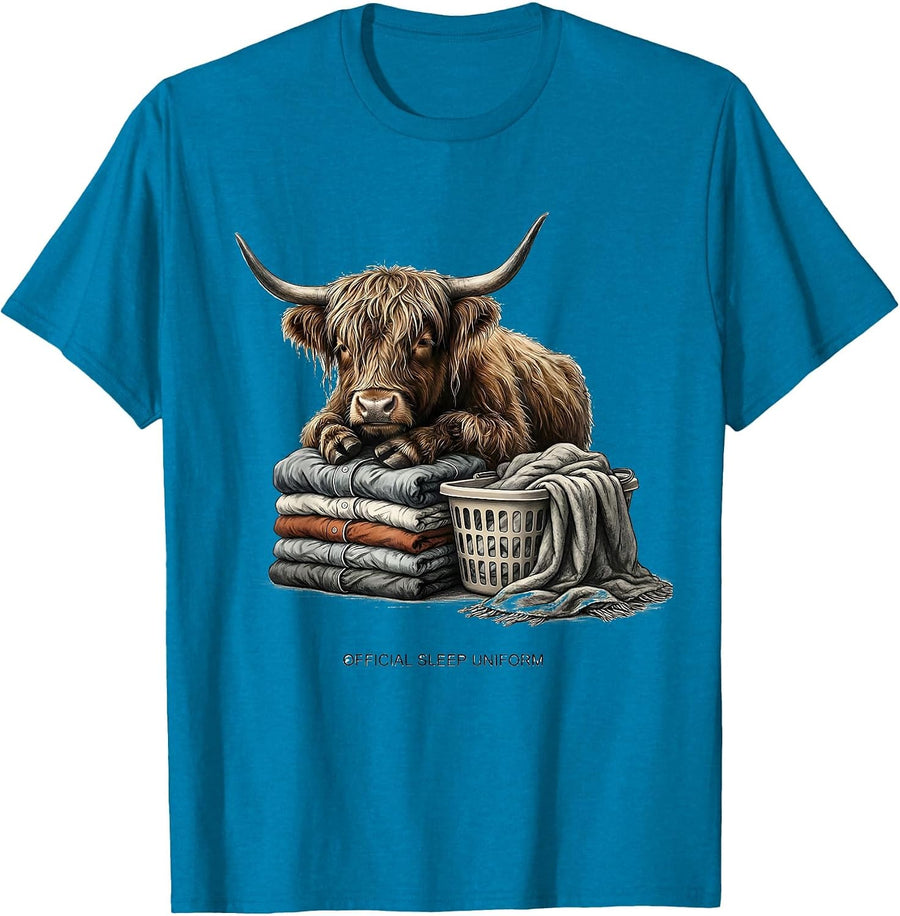 Official Sleep Uniform Funny Highland Cow Pajama Lover T-Shirt - Sapphire Blue