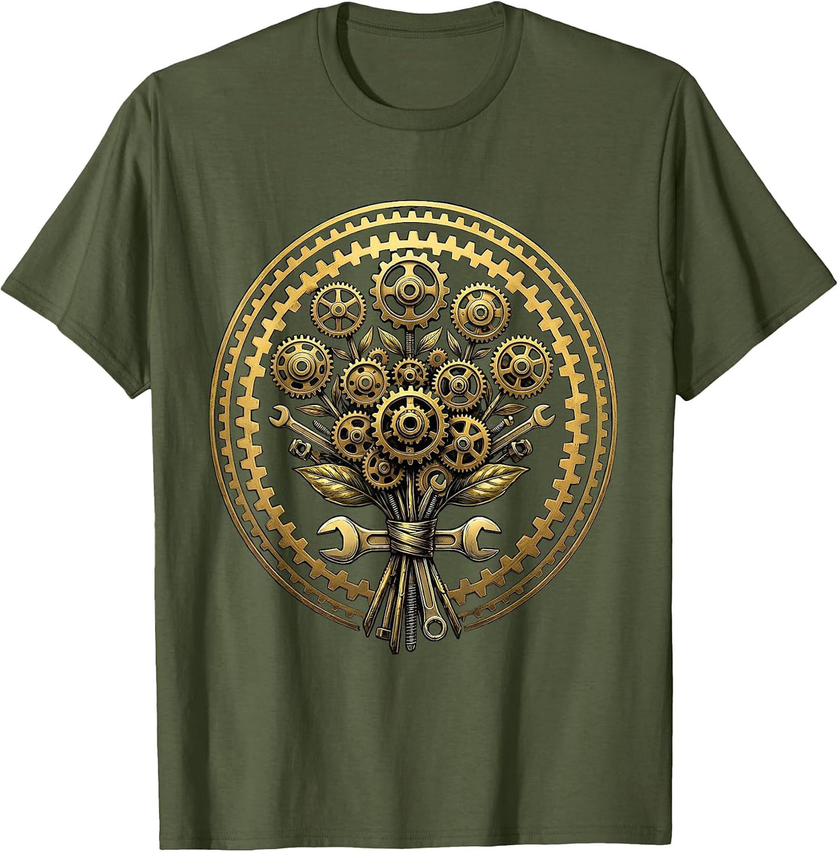 Labor Day Gear and Cog Wheel Bouquet Design T-Shirt - Olive Green