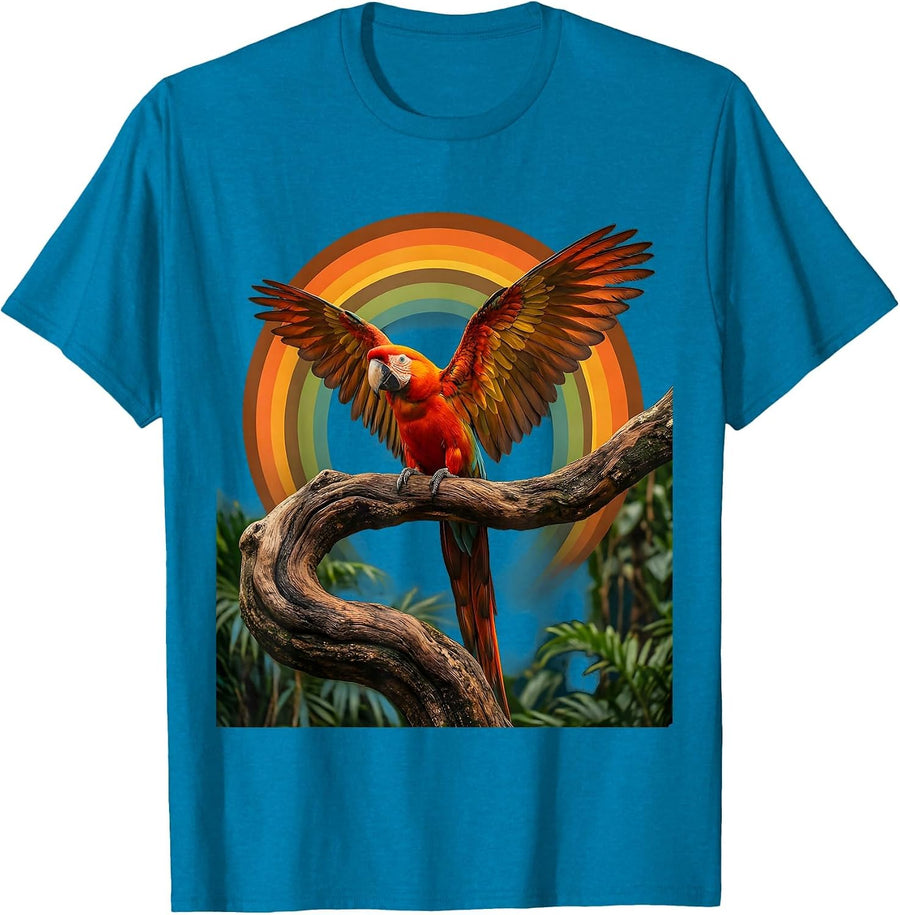 Macaw Parrot on Jungle Branch Mexico Wildlife Art T-Shirt - Sapphire Blue