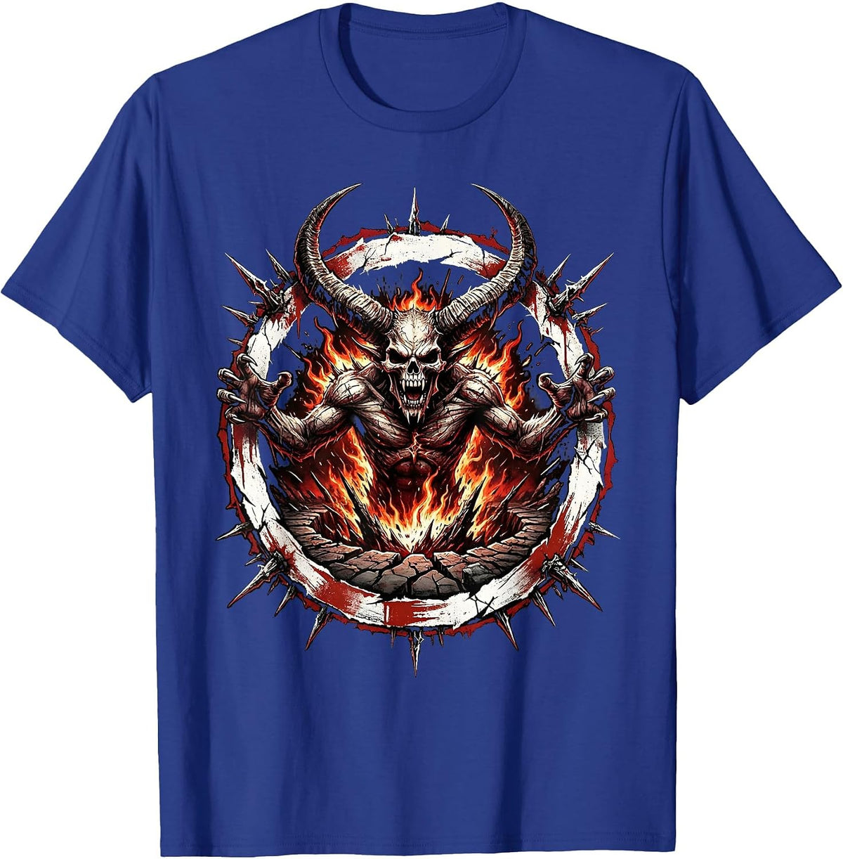 Horned Demon Rising From Fire Pit Halloween T-Shirt - Royal Blue