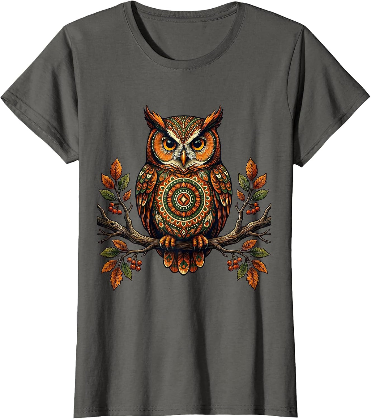 Women's Autumn Owl Perched on Bare Branch Fall Design T-Shirt - Asphalt Grey