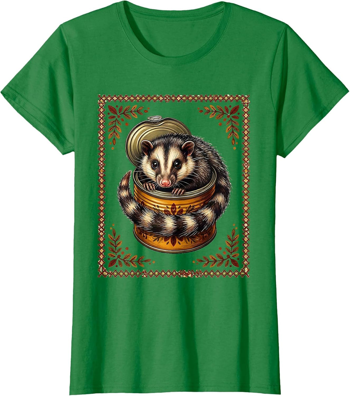 Women's Possum in a Tin Can Cute Funny Opossum Art T-Shirt - Kelly Green
