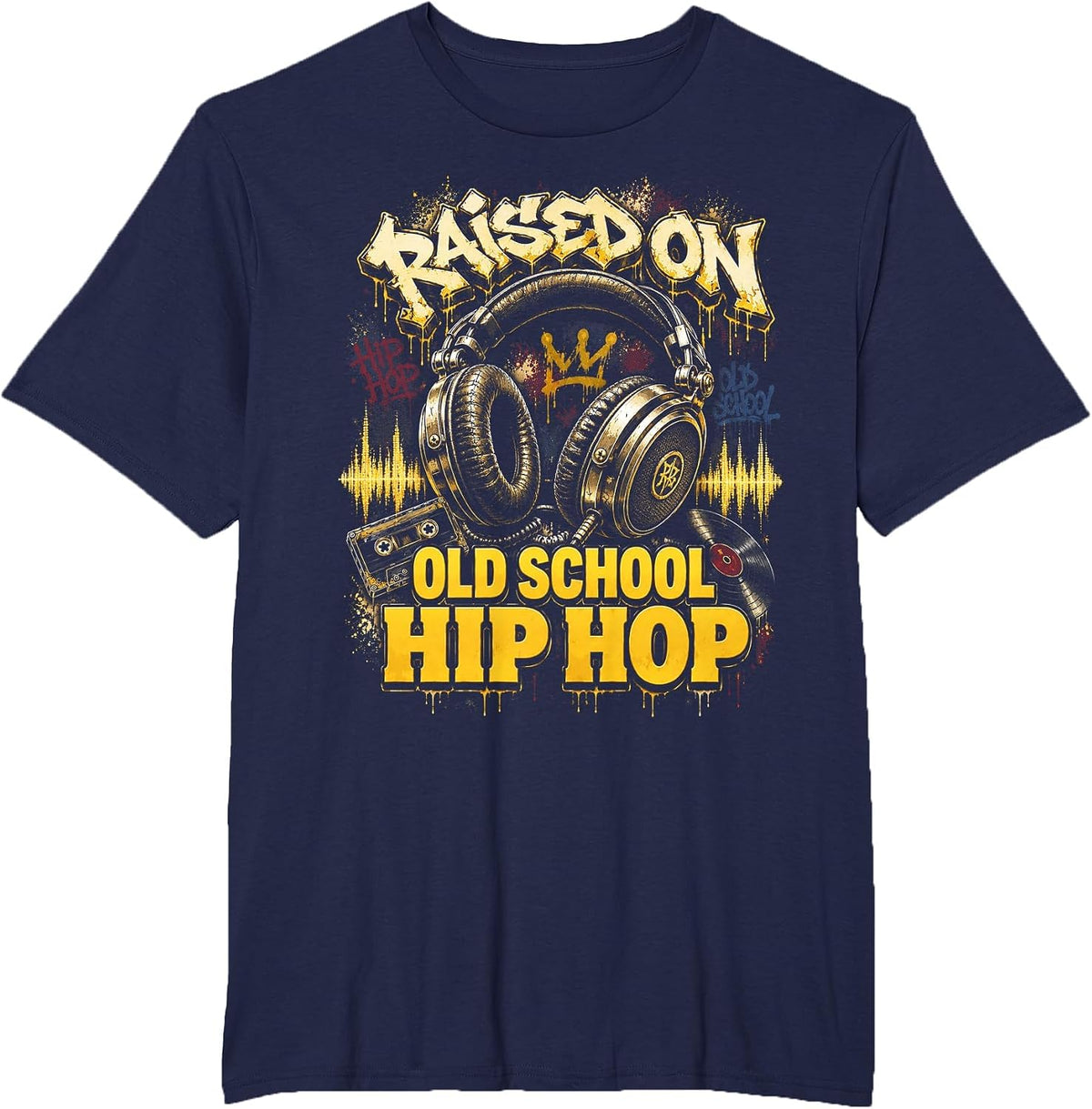 Raised On Old School Hip Hop Cassette Graffiti Rap T-Shirt, Men's Big and Tall, Navy Blue, 4X Tall - As Pictured