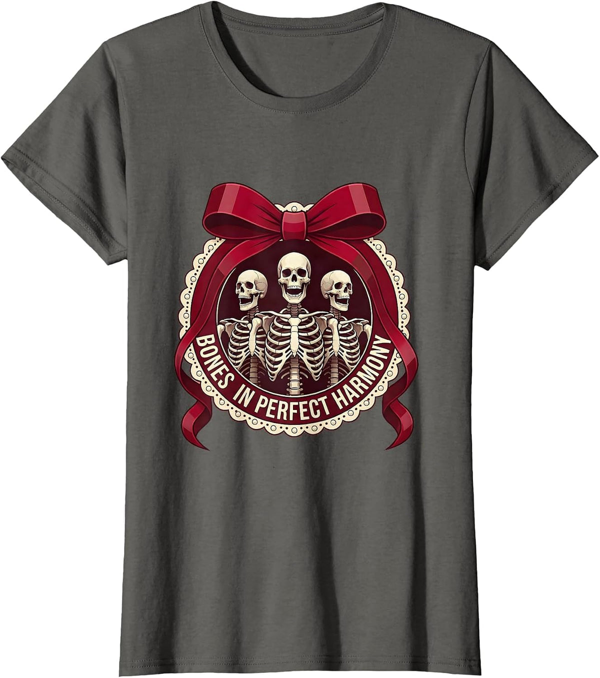 Women's Bones In Perfect Harmony Halloween Skeleton Choir T-Shirt - Asphalt Grey