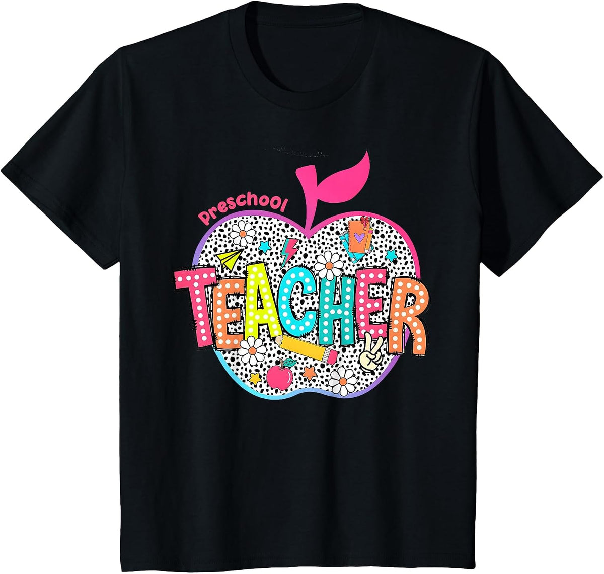 Preschool Teacher Flowers Retro Lightning Back to School T-Shirt - Black