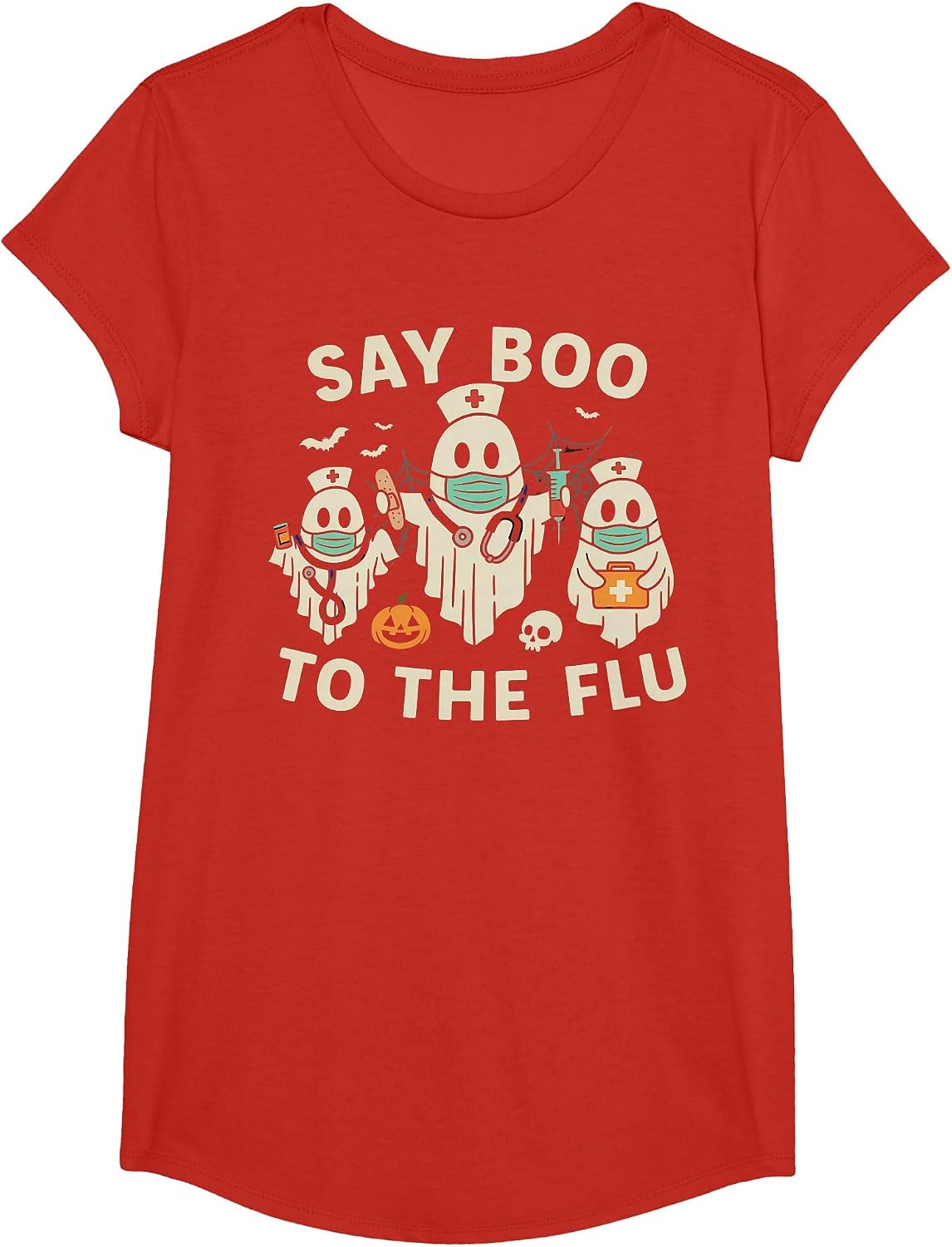 Nurse Halloween Ghost Crew Vaccine Say Boo to the flu T-Shirt - Girls Red