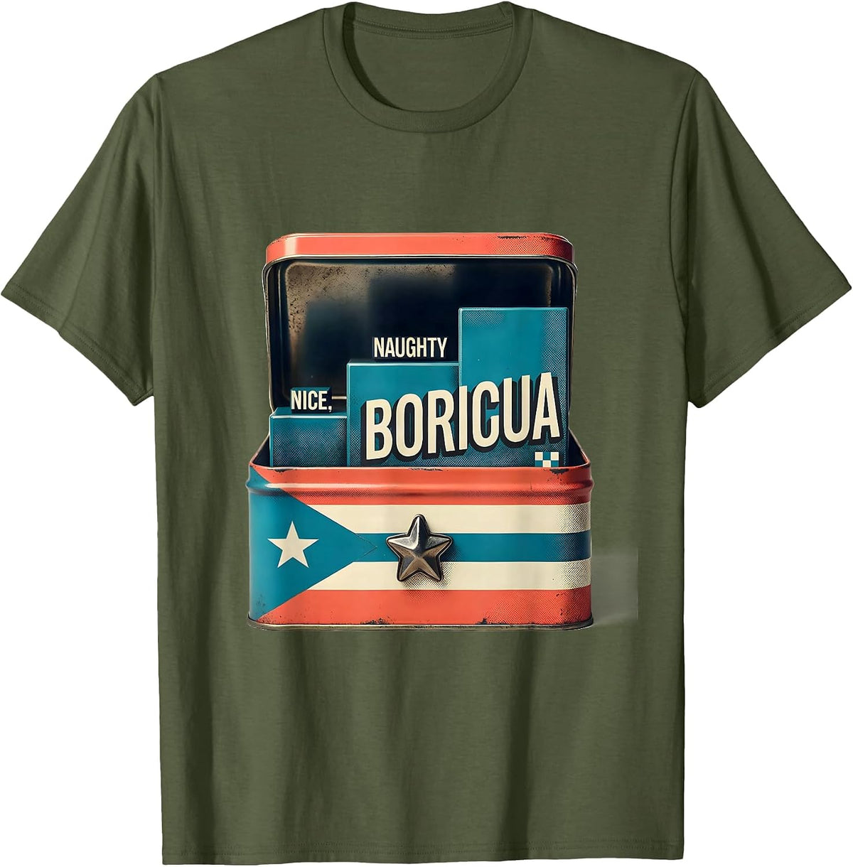 Nice Naughty Boricua Midcentury Modern Christmas Puerto T-Shirt - Olive Green