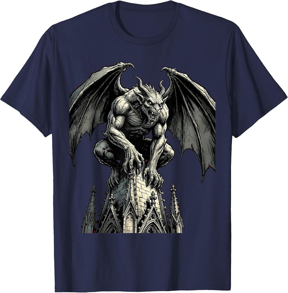 Gargoyle Gothic Cathedral Spire Heavy Metal Art T-Shirt - Navy Blue