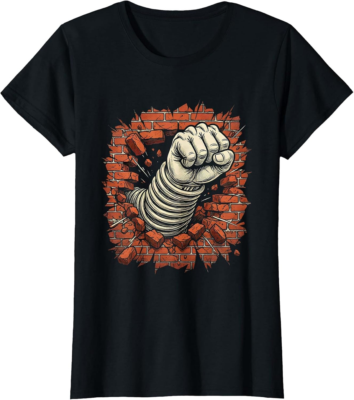 Angry Fist Punching Through Brick Wall Graphic T-Shirt - Black
