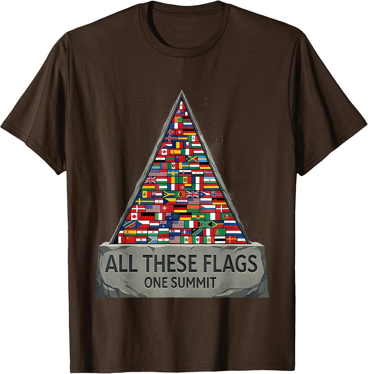 All These Flags, One Summit Educational Geography Kids World T-Shirt - Brown