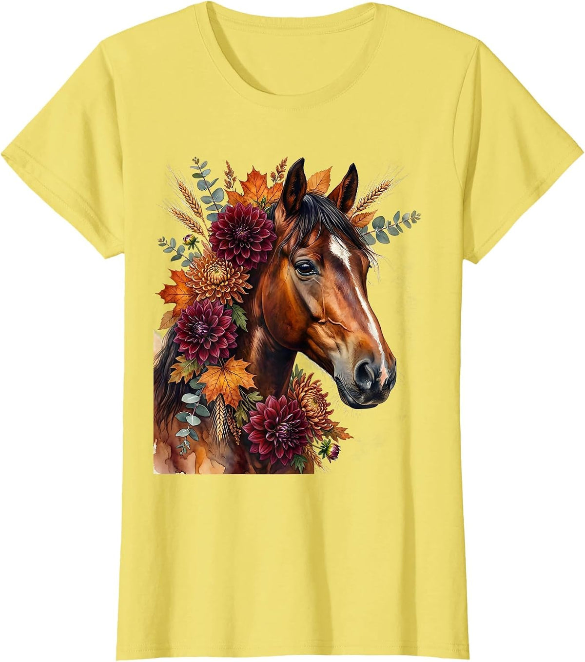 Women's Horse Portrait Fall Floral Derby Botanical Art T-Shirt - Lemon Yellow