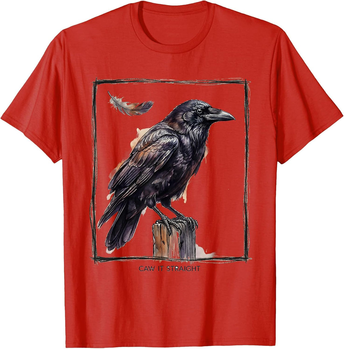 Men's Caw It Straight Watercolor Crow Gothic Humor Halloween Bird T-Shirt - Red