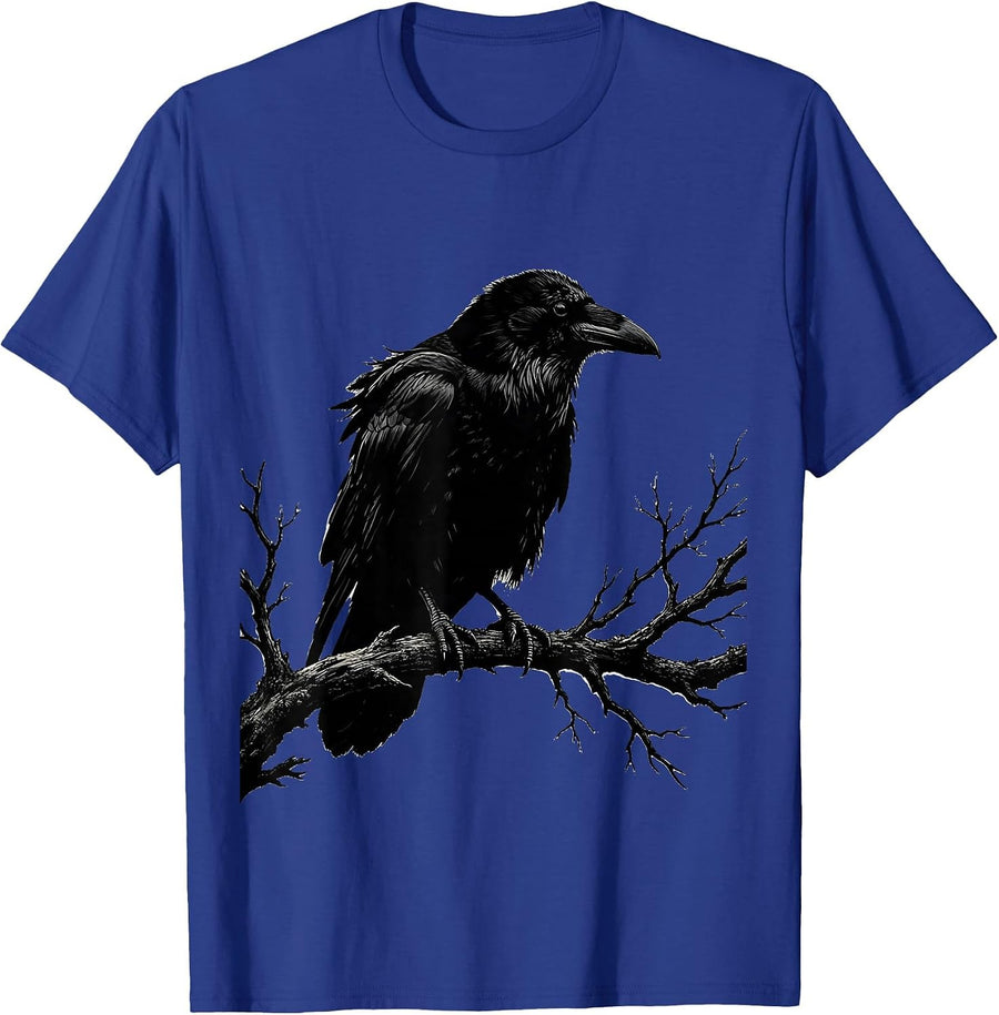 Hooded Crow on Winter Branch Nature Illustration T-Shirt - Royal Blue