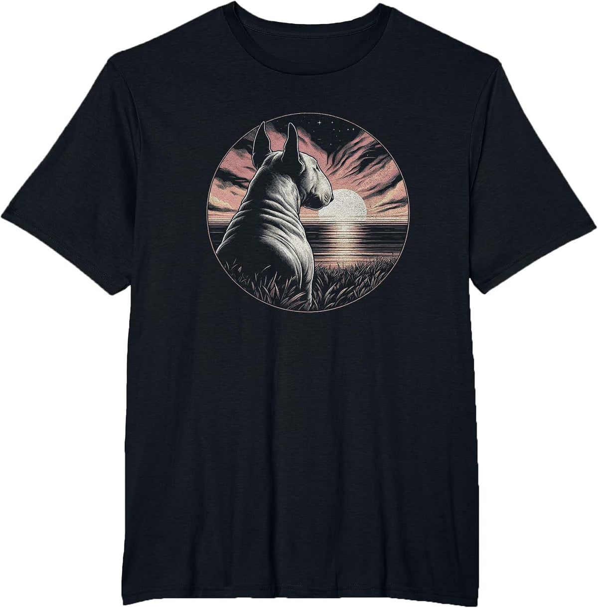 Vintage Bull Terrier Dog Retro Sunset Scene Art Design T-Shirt - Black