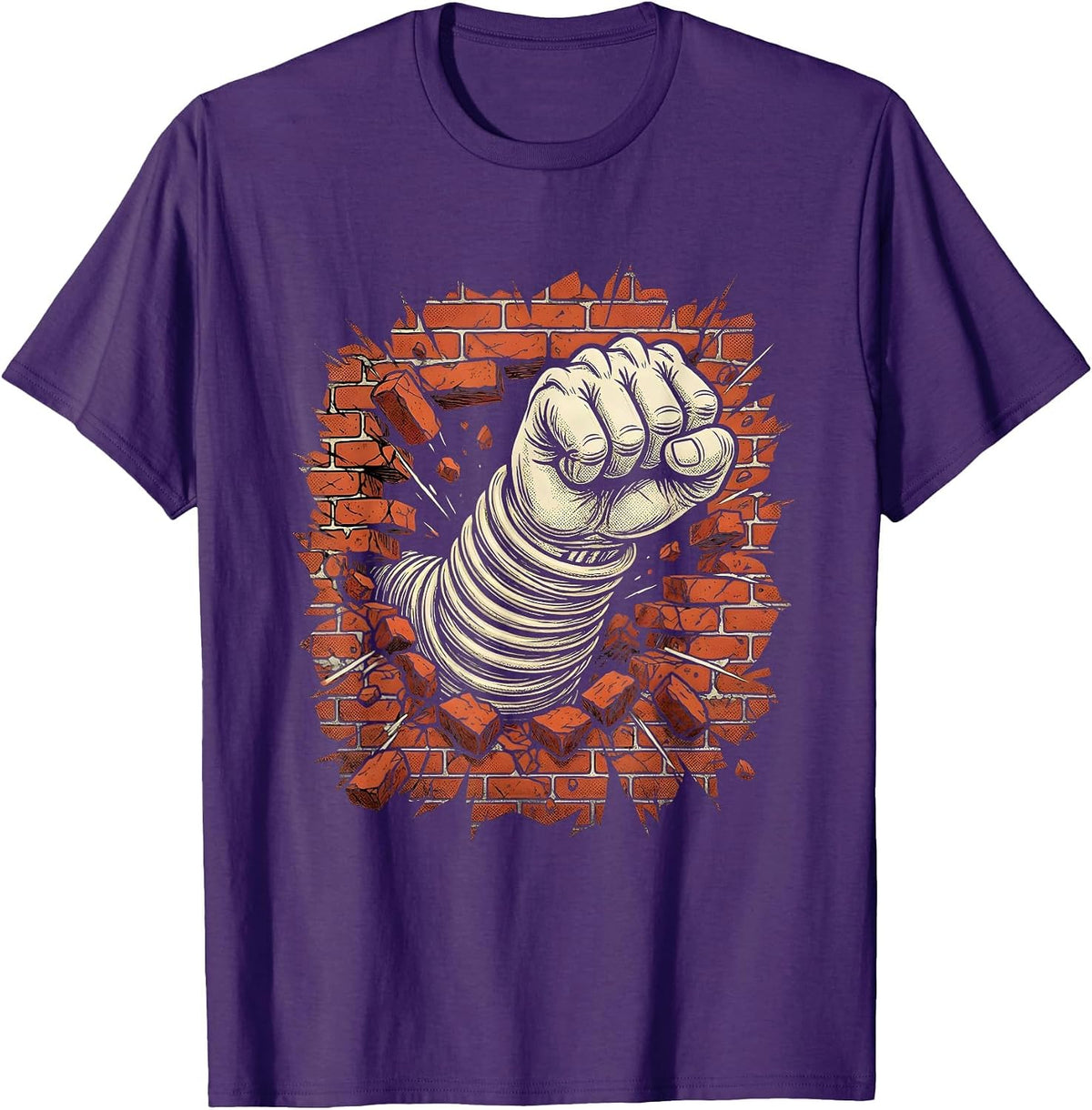 Angry Fist Punching Through Brick Wall Graphic T-Shirt - Purple