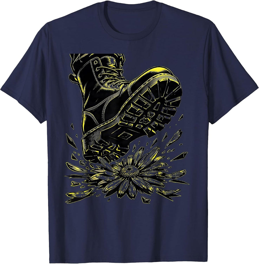 Punk Boot Stomping Flower Graphic Tee T-Shirt - Navy Blue