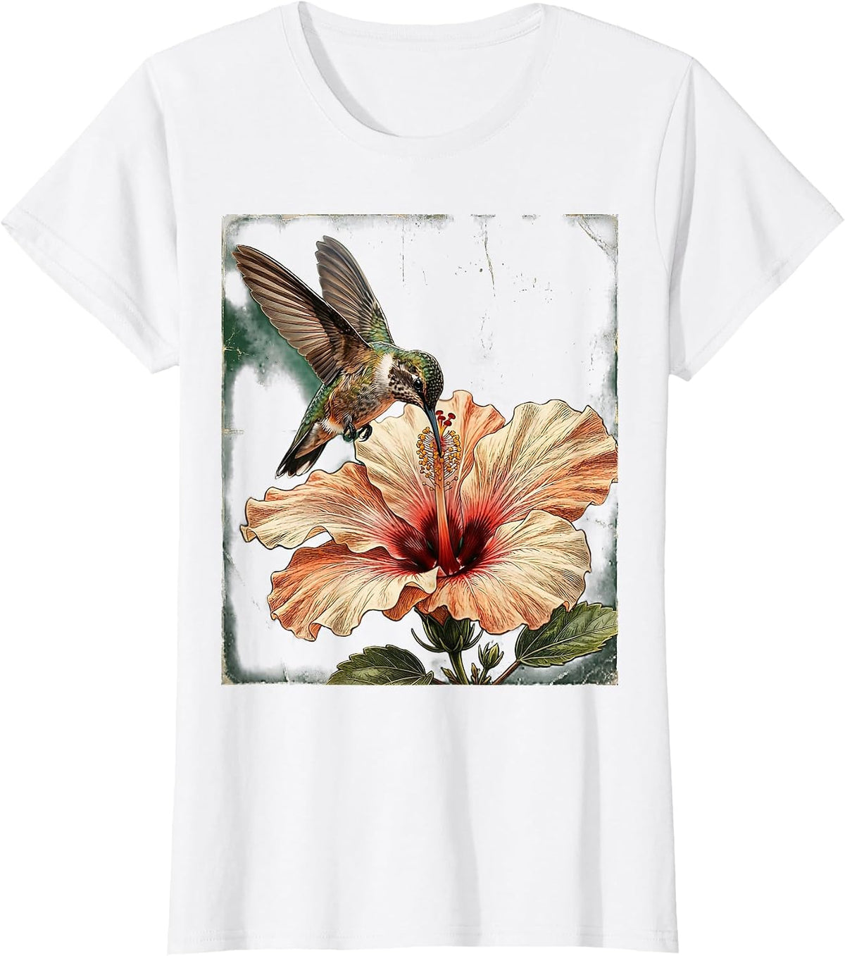 Hummingbird and Hibiscus Floral Illustration T-Shirt - White
