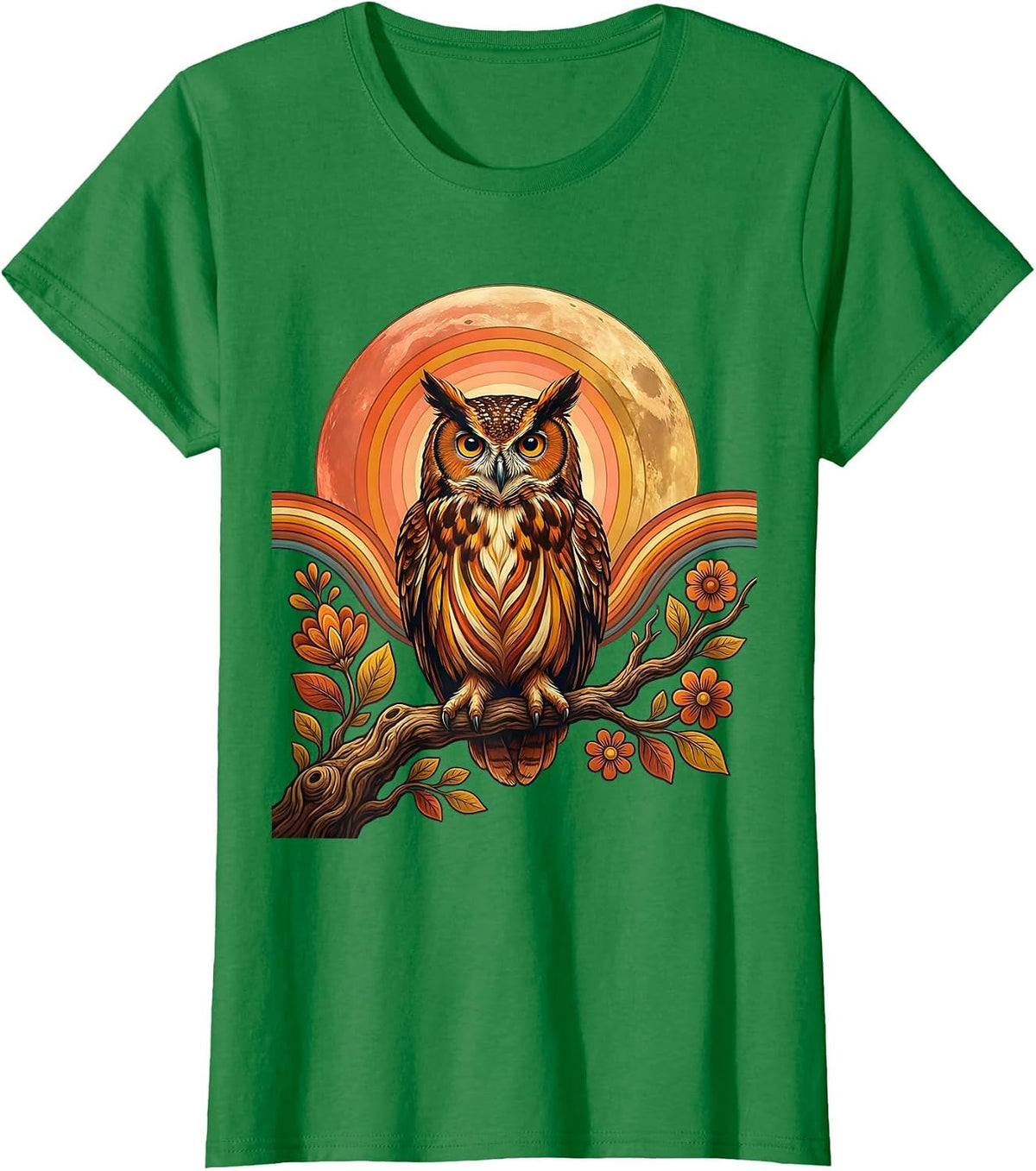 Women's Mexico Owl Moon Night Perched Branch Design T-Shirt - Kelly Green