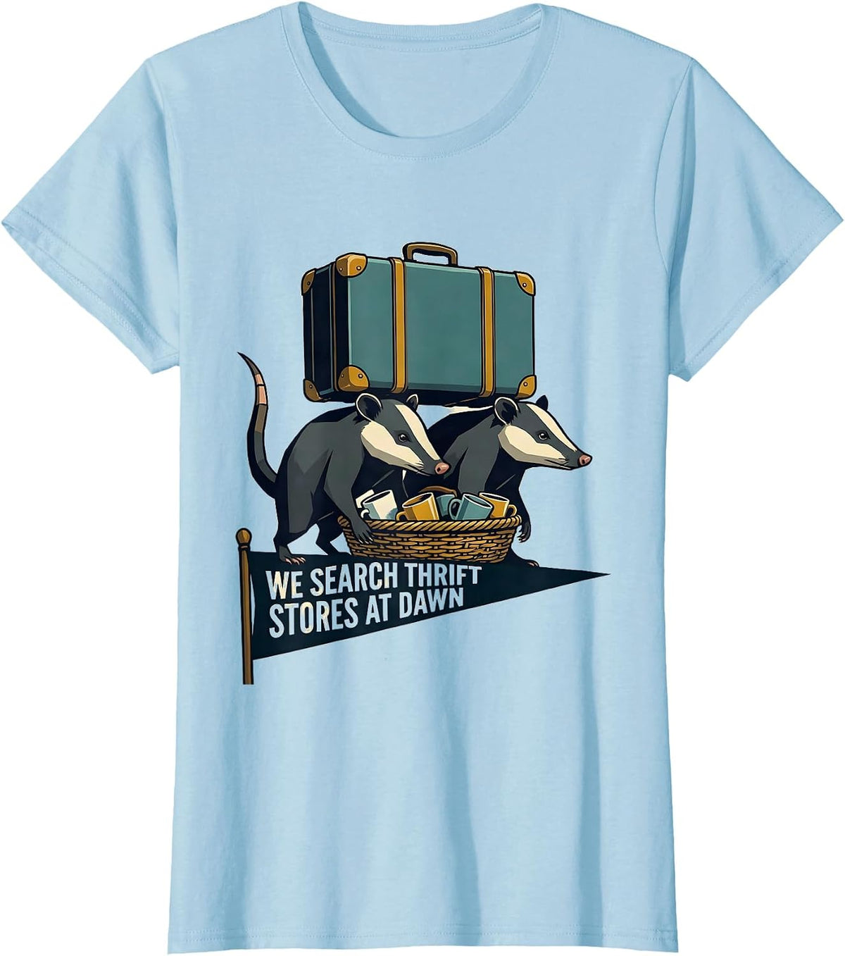 We Search Thrift Stores At Dawn Midcentury Modern Opossum T-Shirt - Baby Blue