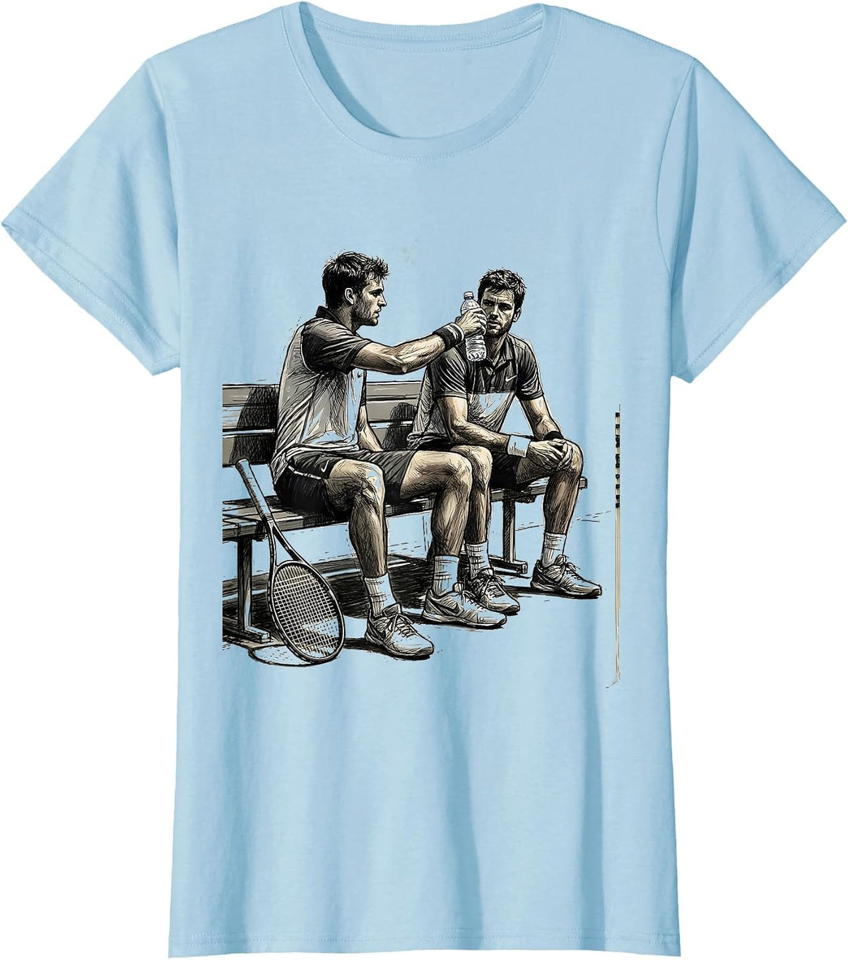 Tennis Duo Sharing Water Bottle Courtside T-Shirt - Baby Blue