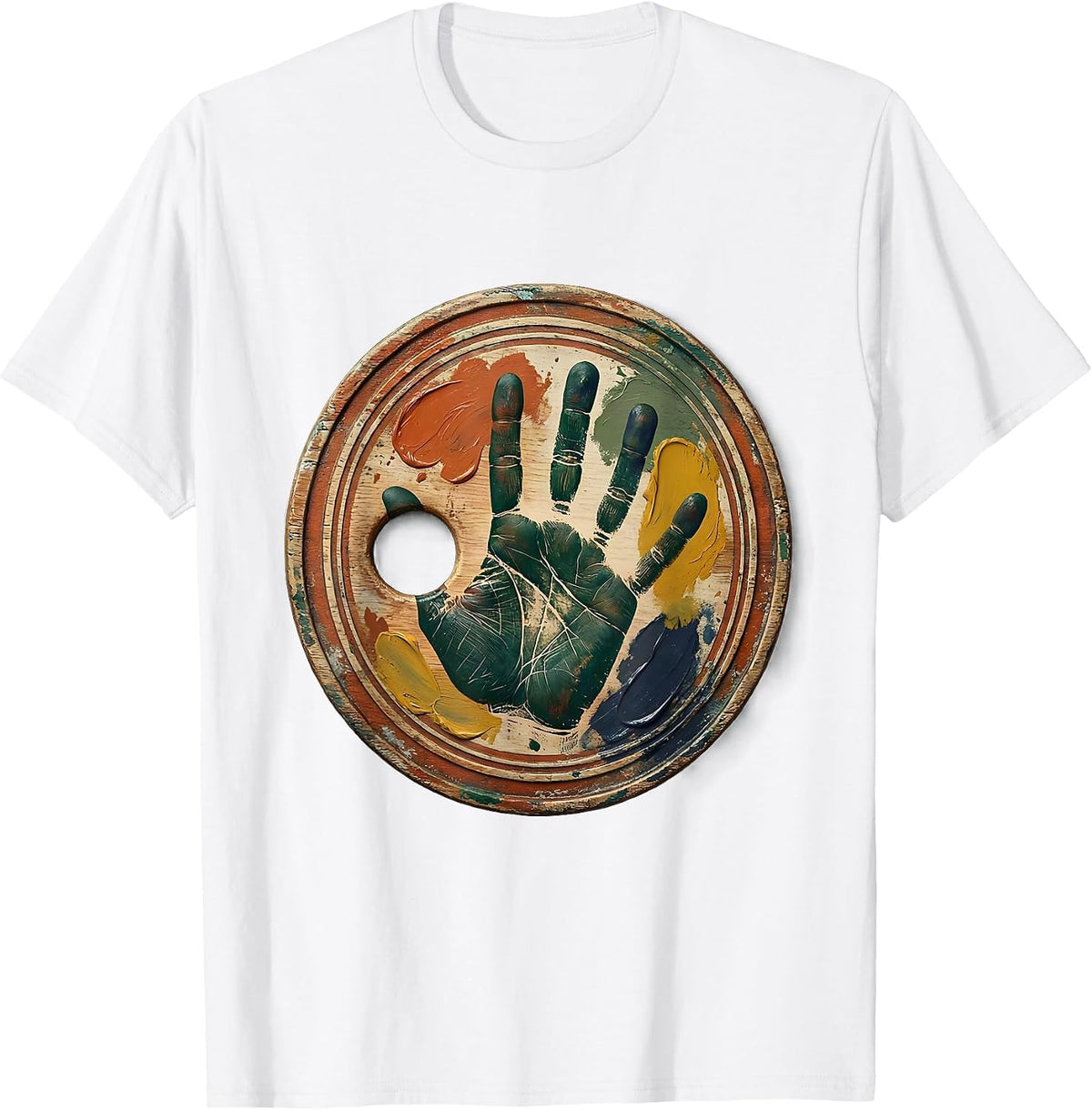 Men's Paint Palette Colorful Handprint Art Teacher Graphic T-Shirt - White