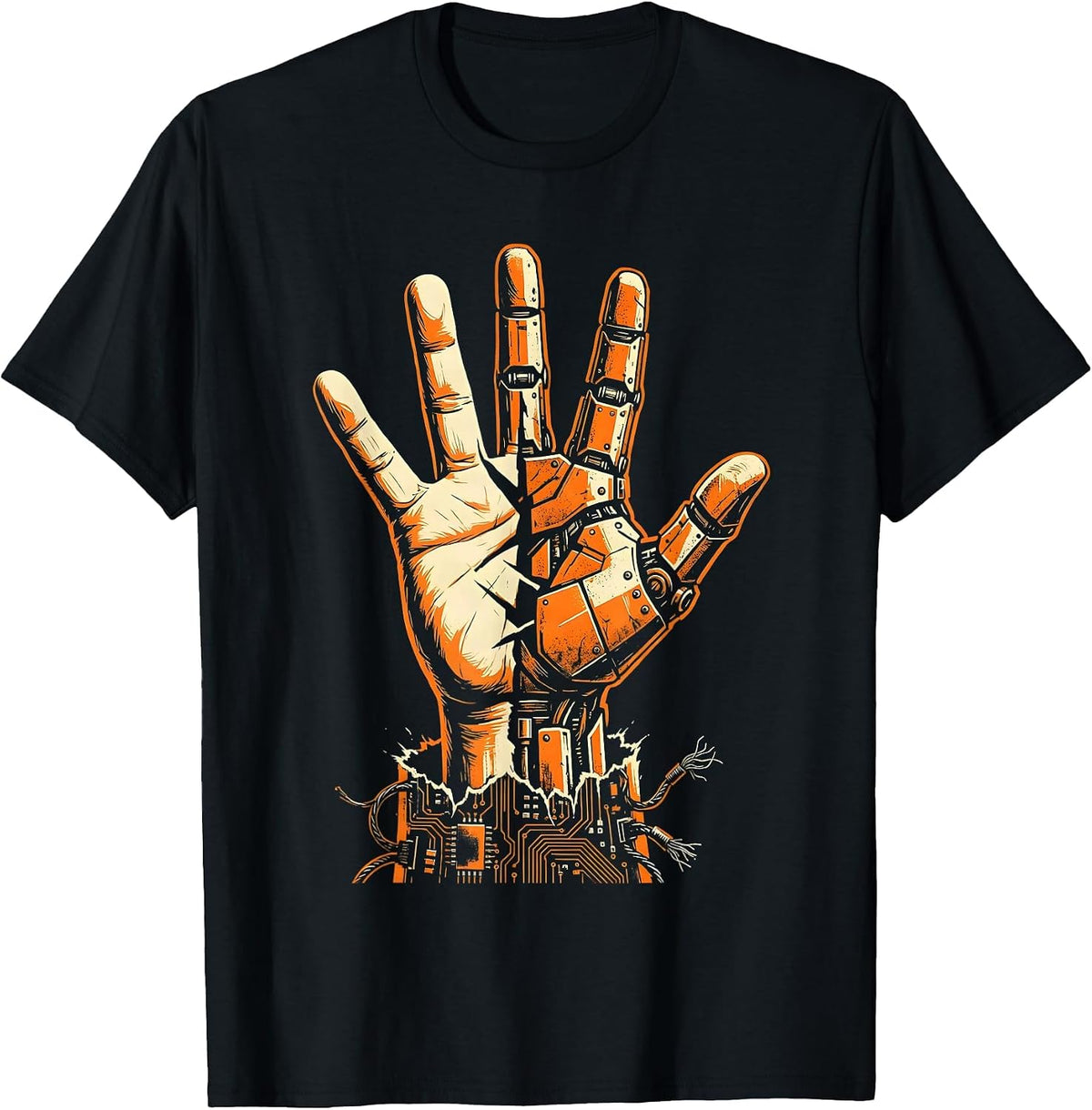 Men's Cyberpunk Half-Machine Hand Reaching Upward T-Shirt - Black