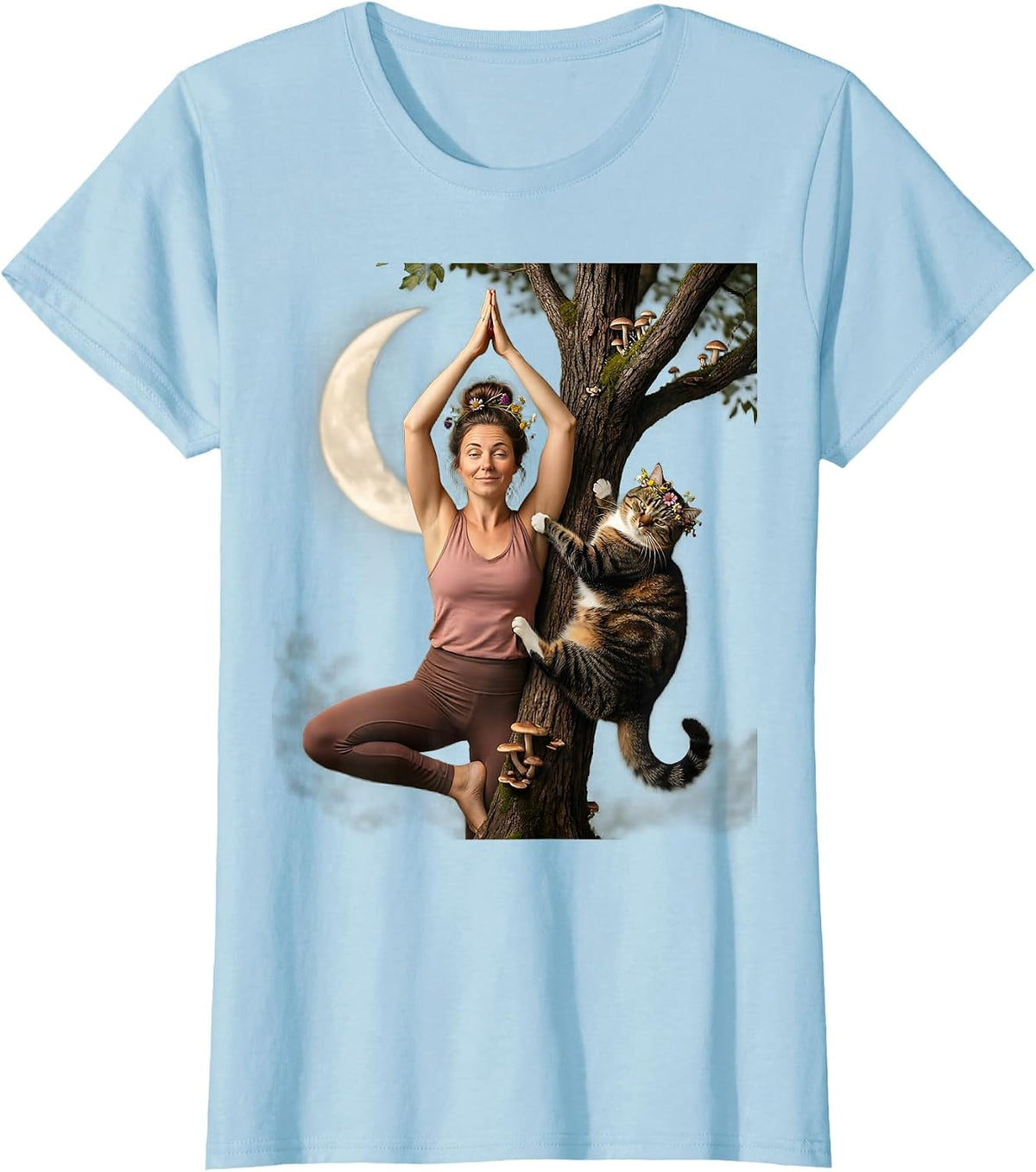 Funny Yoga Cat Climbing Illustration Gift T-Shirt - Baby Blue