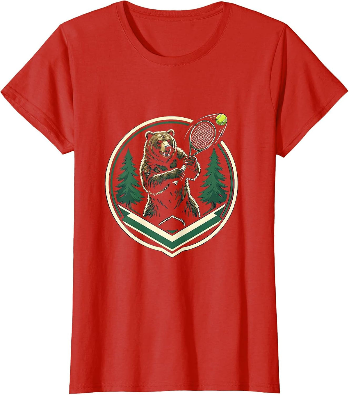 Bear Backhand Tennis Swing Pine Forest Graphic T-Shirt - Red