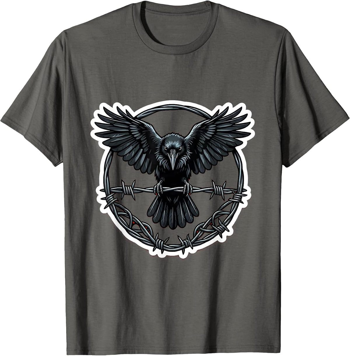 Crow on Razor Wire Fence Illustration T-Shirt - Asphalt Grey