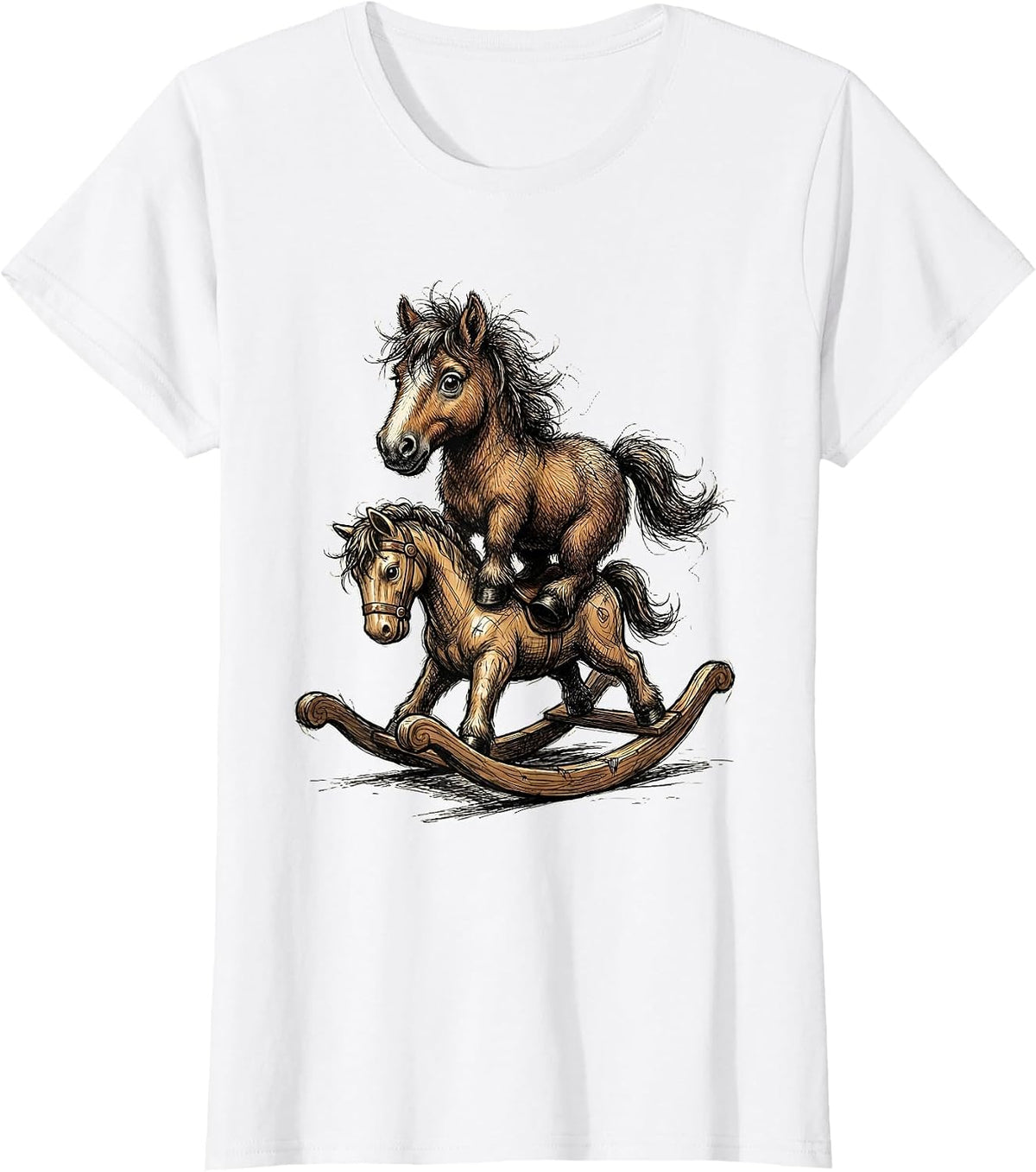 Tiny Horse on a Tiny Rocking Horse Funny Graphic T-Shirt - White