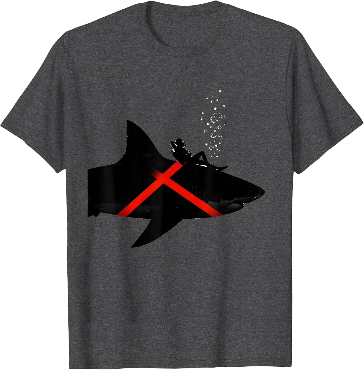 Men's Shark With Diver Silhouette Scuba Diving Humor T-Shirt - Dark Heather Grey