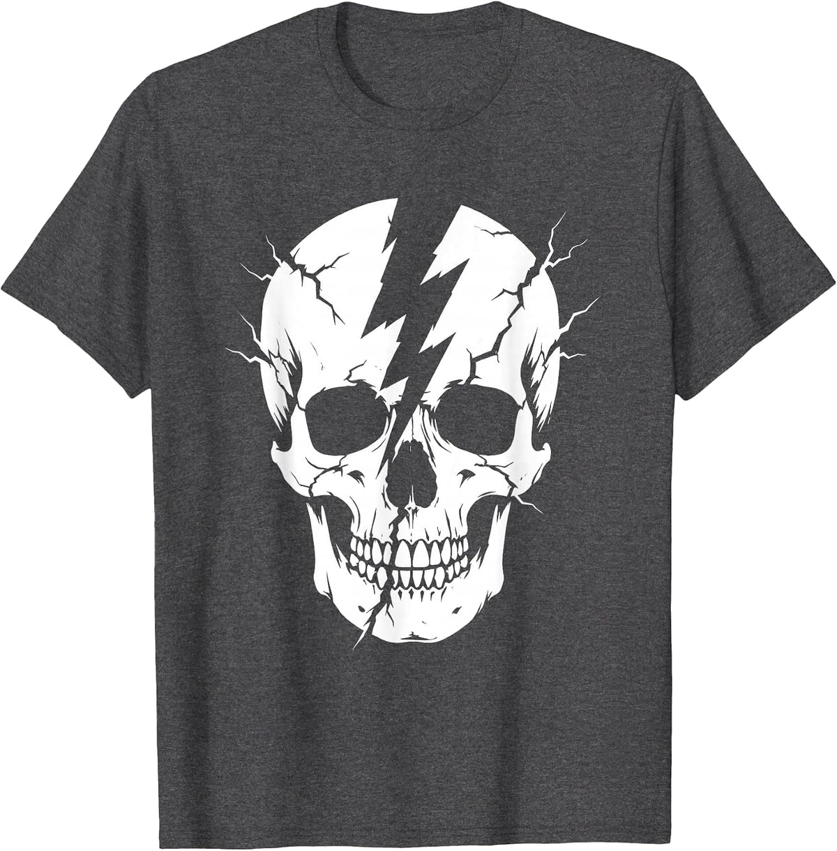 Rock Skull Lightning Bolt Crack Graphic Tee T-Shirt - Dark Heather Grey