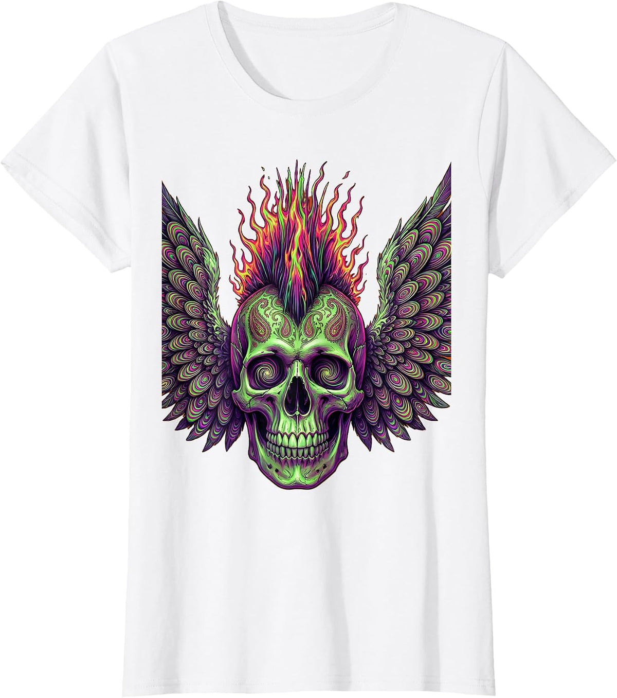 Winged Skull Mohawk Rock and Roll Graphic T-Shirt - White
