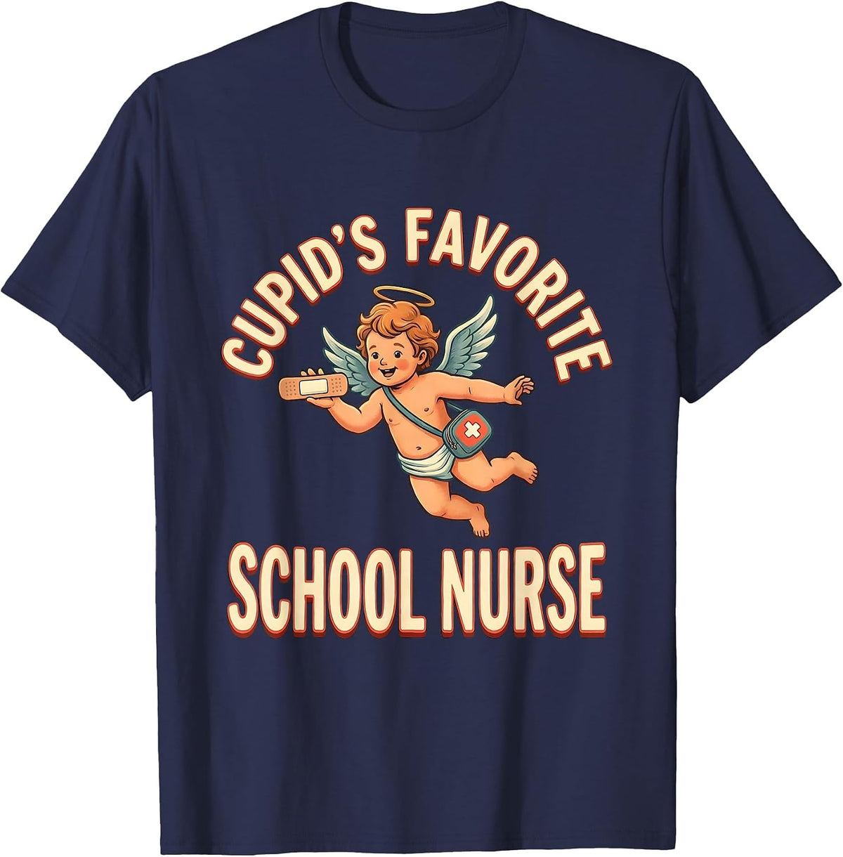 Cupid's Favorite School Nurse Retro Valentine Day Humor T-Shirt - Navy Blue