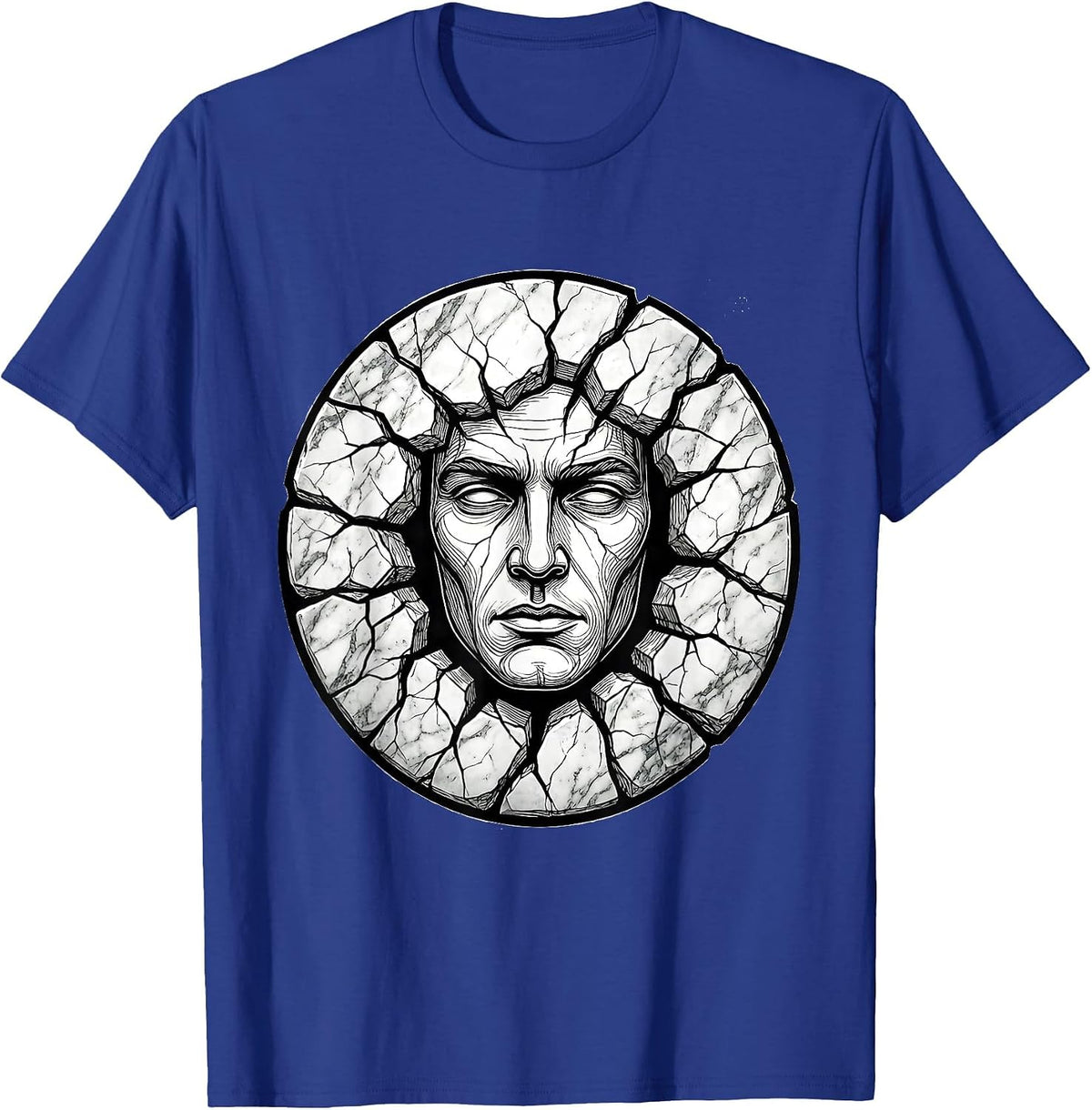 Men's Human Face Emerging From Cracked Marble Slab T-Shirt - Royal Blue