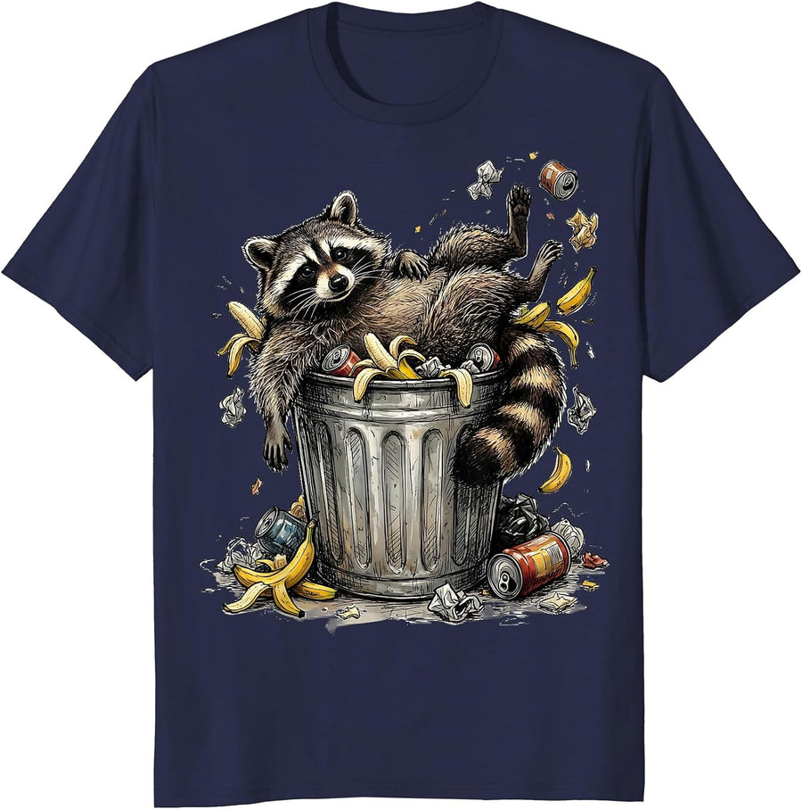Raccoon Lounging in Trash Can Funny Illustration T-Shirt - Navy Blue