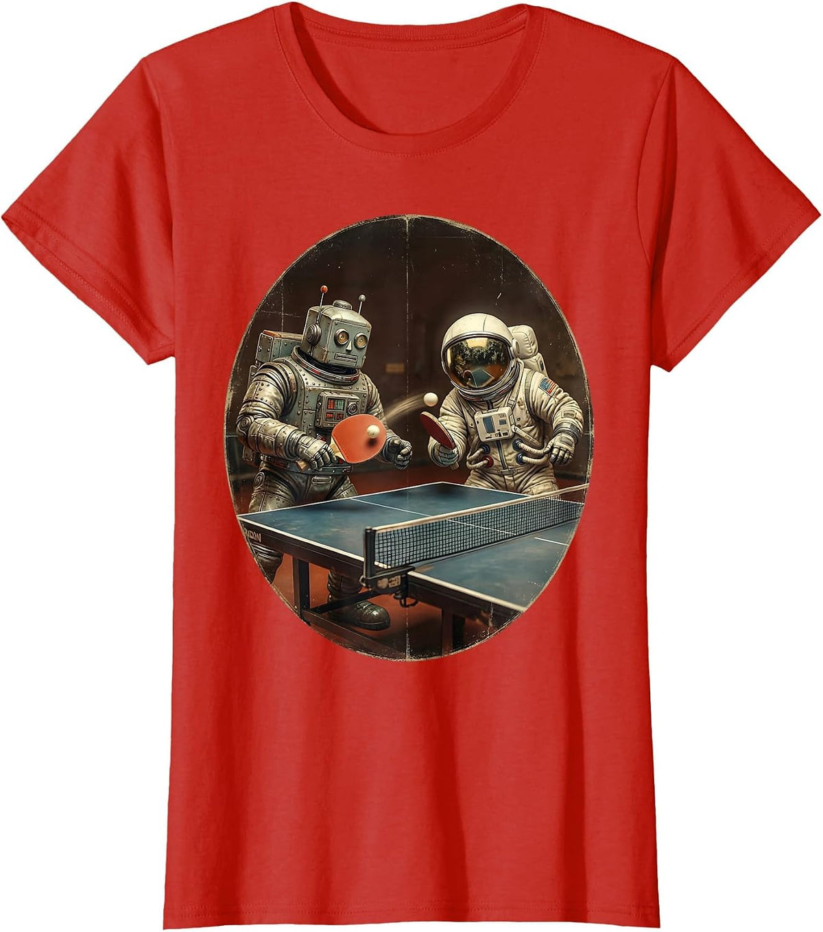 Robot and Astronaut Ping Pong Graphic T-Shirt - Red