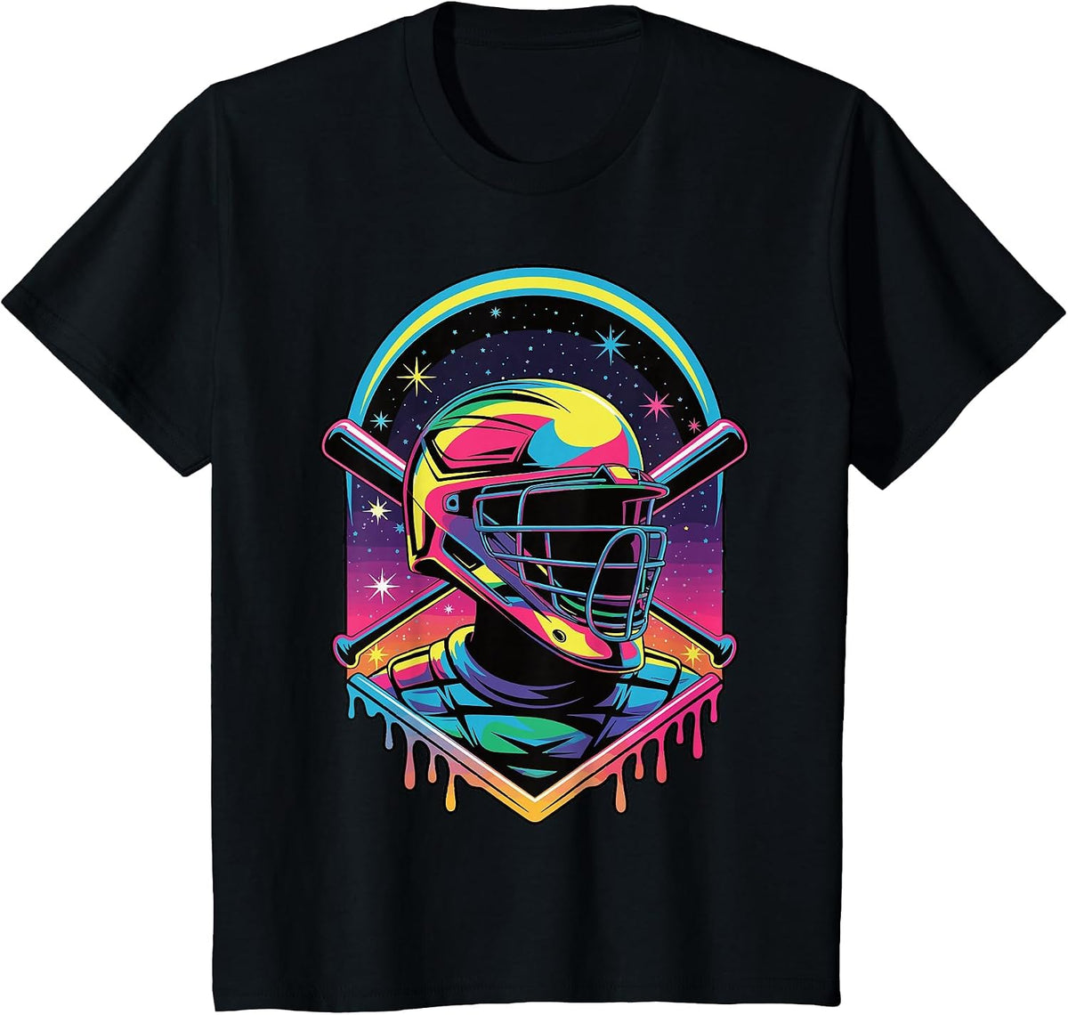 Dripping Baseball Catcher Mask Baseball Vaporwave Bat T-Shirt - Black