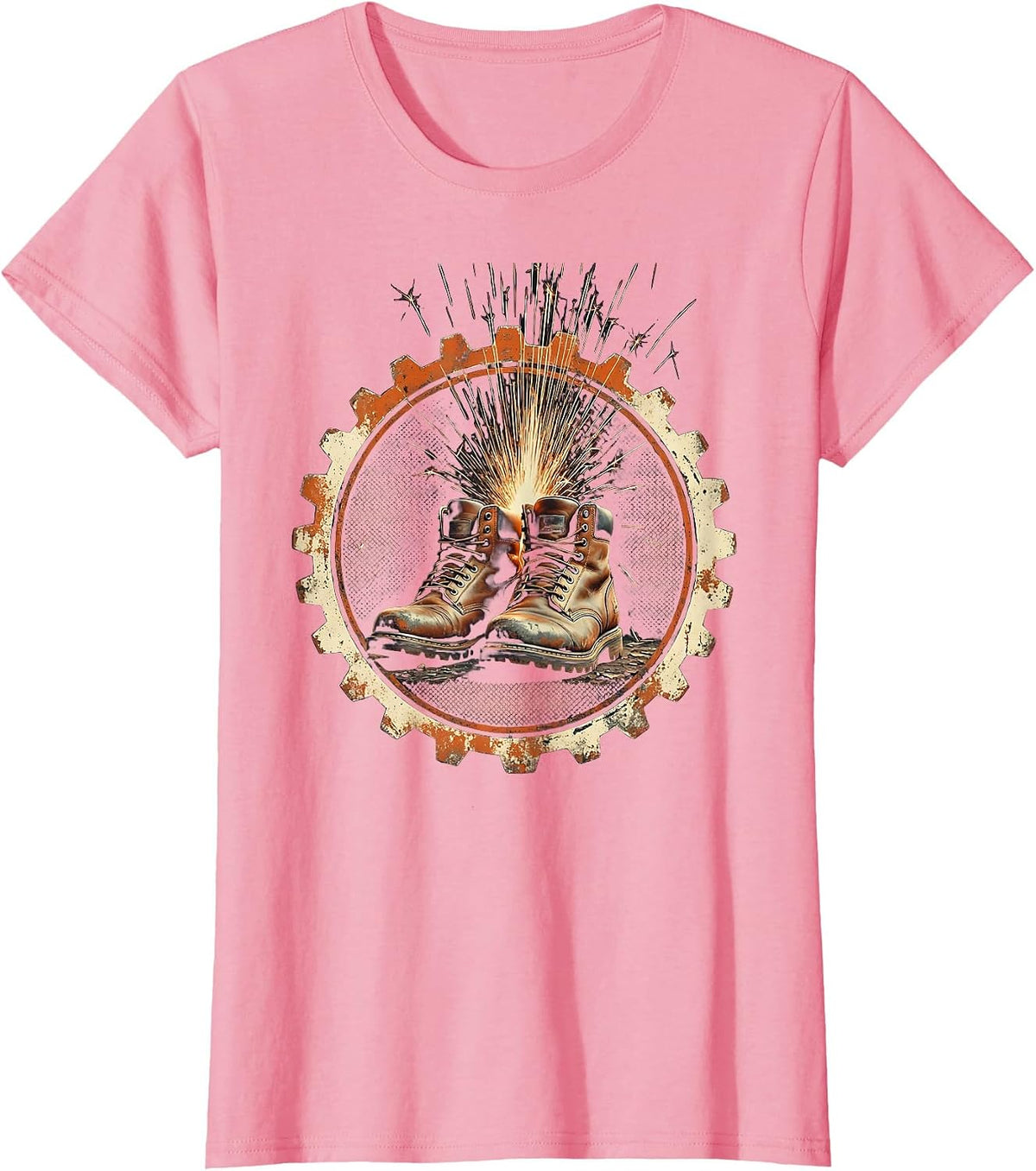 Women's Welder Sparks Steel Boots Graphic Design T-Shirt - Pink