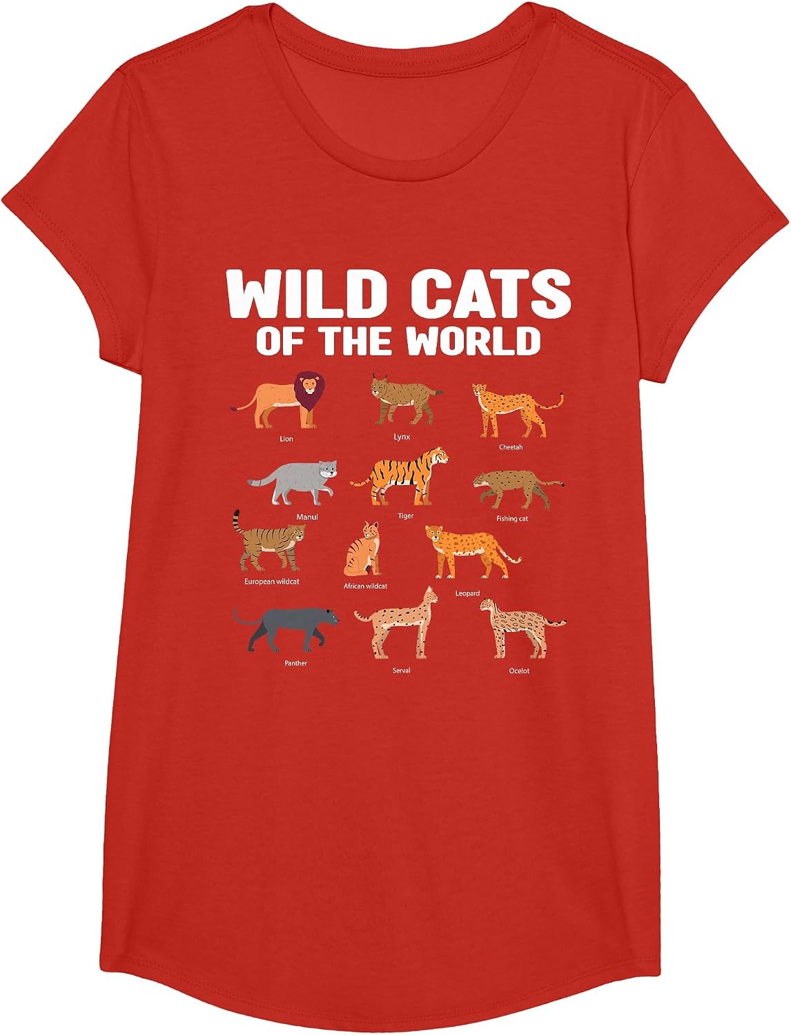 Wild Cats of the World Lion Tiger T-Shirt - Girls Red