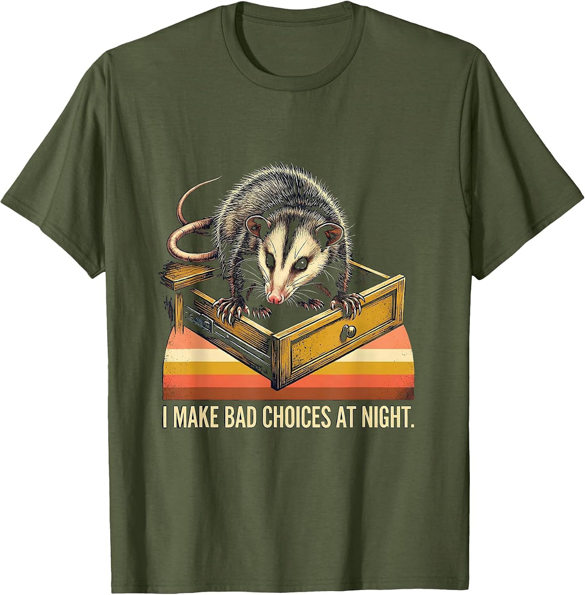 Men's I Make Bad Choices At Night Funny Opossum Vintage Animal T-Shirt - Olive Green