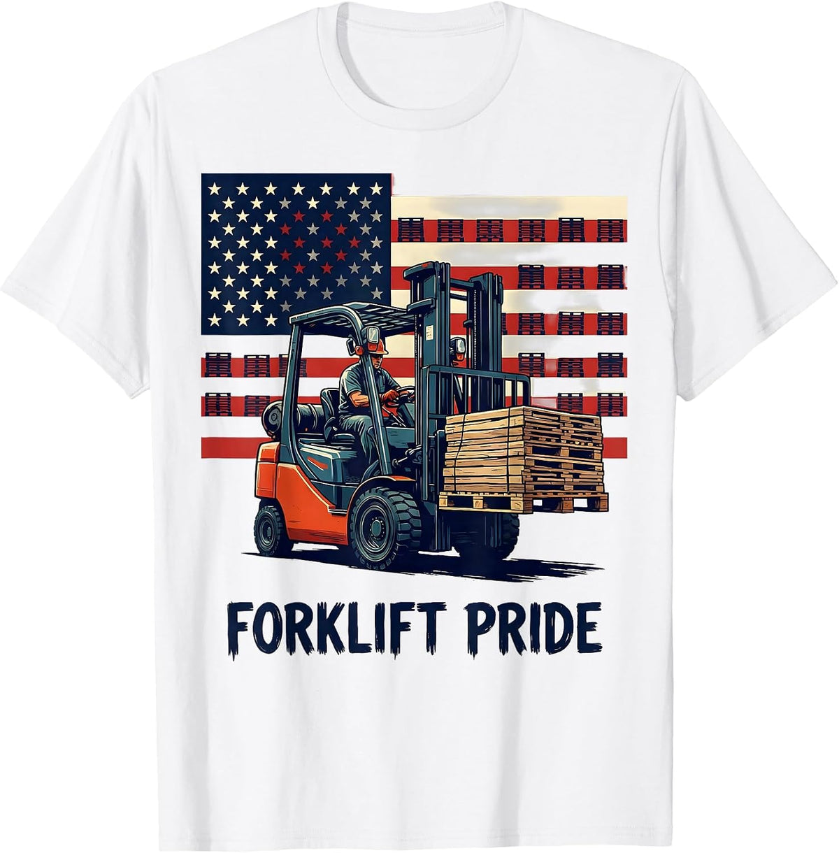 Men's Forklift Operator American Flag Patriotic Workwear T-Shirt - White