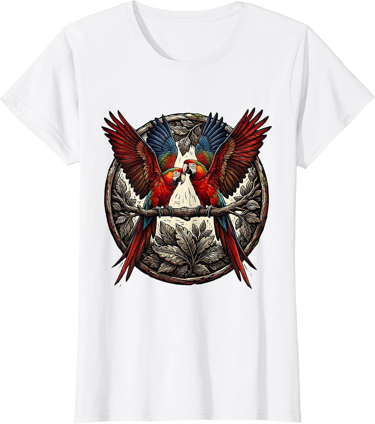 Women's Colombia Macaw Pair Rainforest Branch Illustration T-Shirt - White