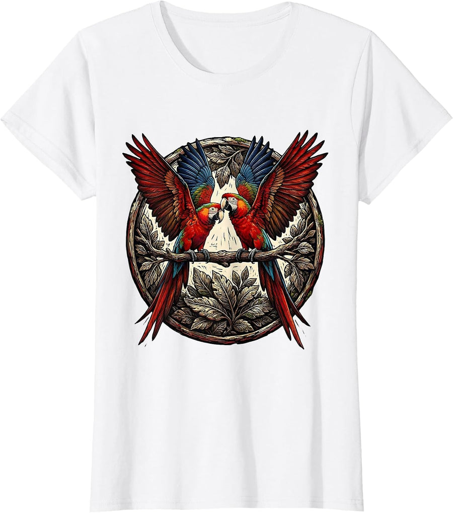 Women's Colombia Macaw Pair Rainforest Branch Illustration T-Shirt - White