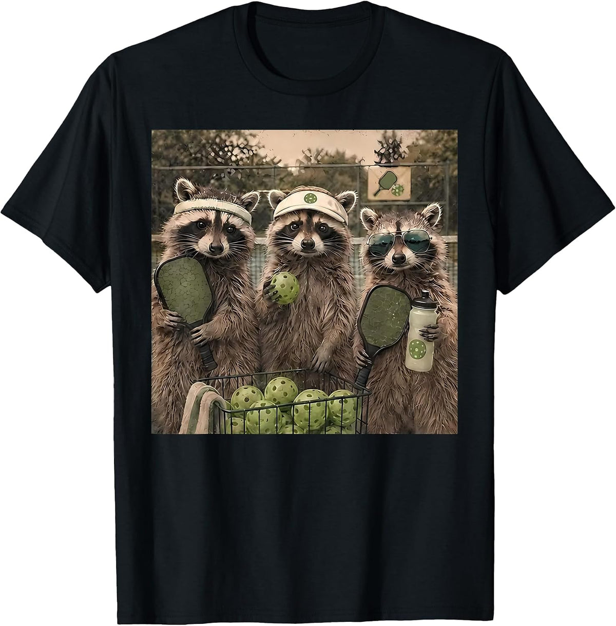 Funny Raccoon Playing Pickleball Animal Meme Sport Lovers T-Shirt - Black