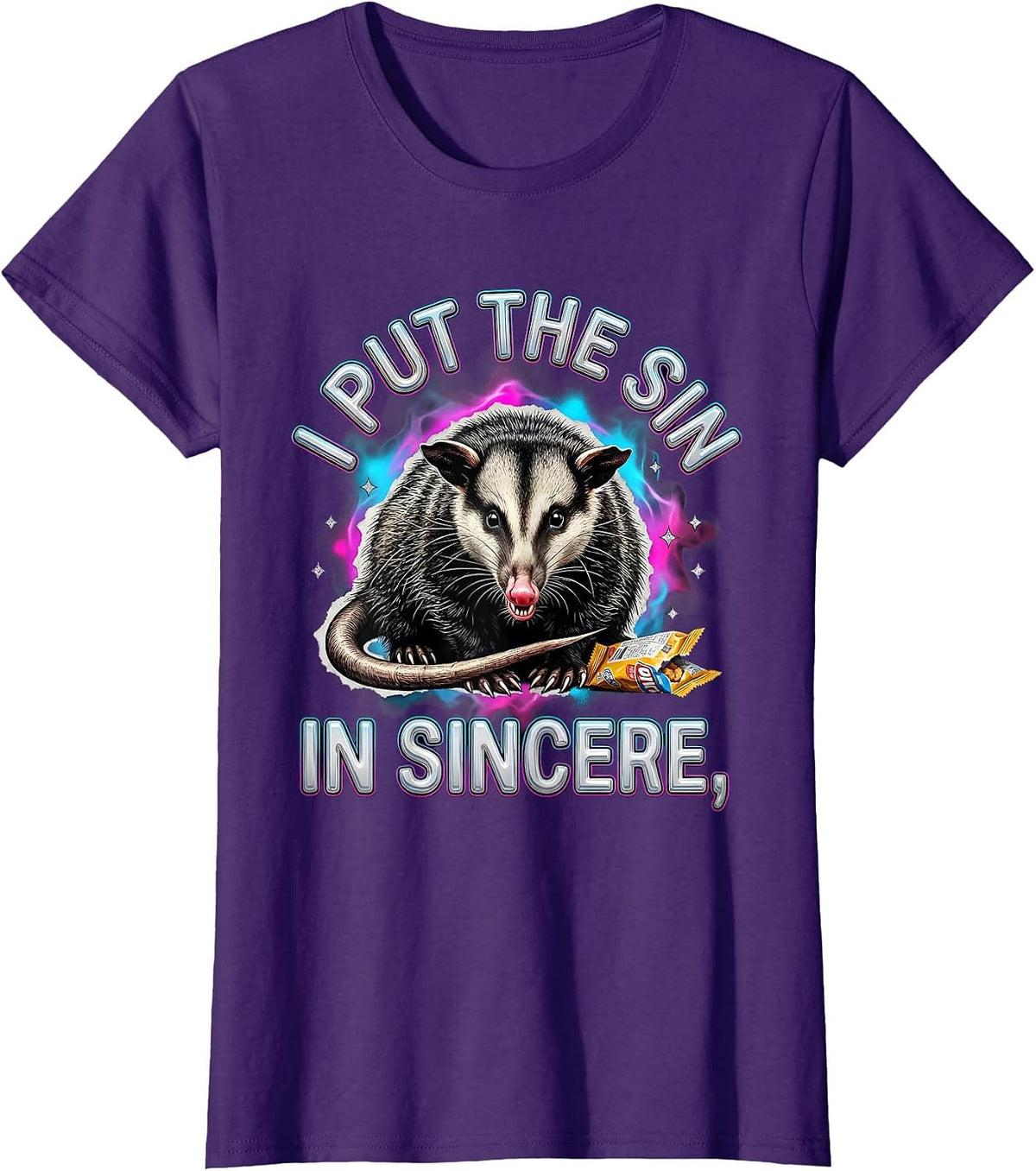 Women's I Put The Sin In Sincere Funny Opossum Unhinged Meme T-Shirt - Purple