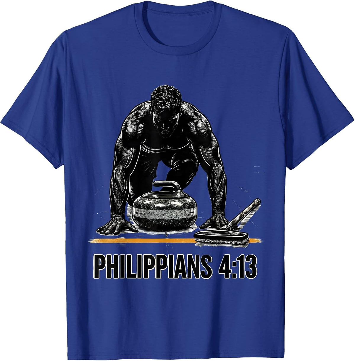 Philippians 4:13 Scratchboard Curling Athlete Faith Graphic T-Shirt - Royal Blue