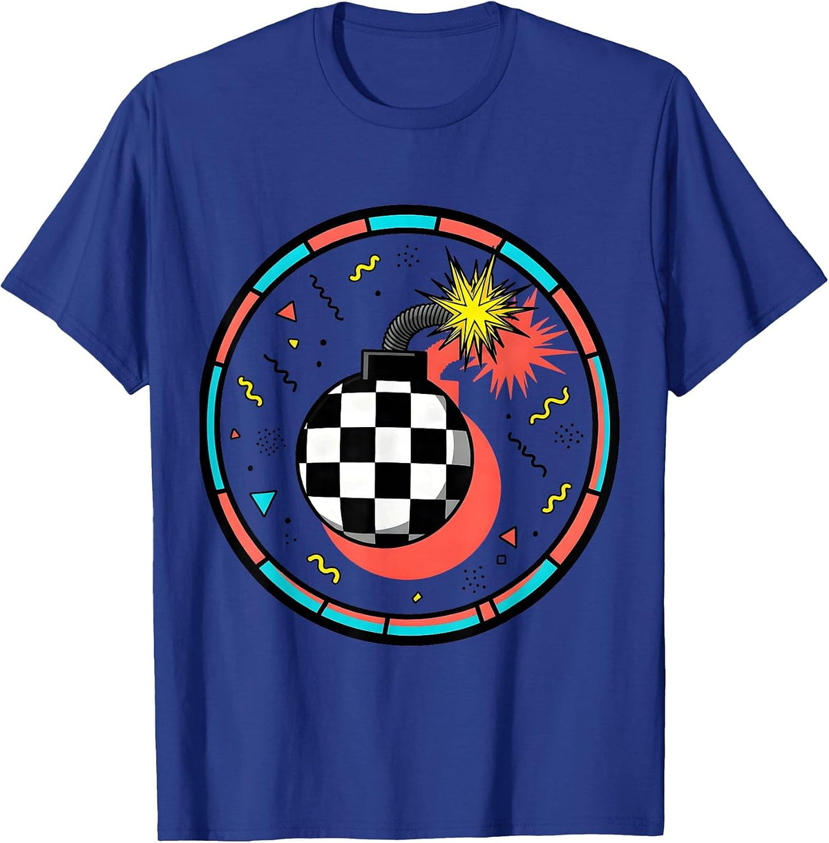 Black and White Checkered Bomb Sparkling Fuse Design T-Shirt - Royal Blue